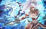  1girl alternate_color alternate_costume breasts cleavage league_of_legends midriff monori_rogue monorirogue navel nidalee ponytail solo spear stomach tribal white_hair 