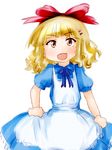  alice_(wonderland) apron bangs blonde_hair blue_dress blunt_bangs bow curtsey dress fang hair_bow hair_clip hair_ornament hairclip happy large_bow ma.ru oomuro_sakurako red_bow simple_background smile solo white_background 