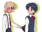 2boys arm_at_side arms_at_sides bangs blonde_hair blue_hair blush card_captor_sakura child closed_mouth clothes_grab collared_shirt dio_brando embarrassed expressionless eye_contact from_side full-face_blush green_eyes hair_intakes jojo_no_kimyou_na_bouken jonathan_joestar long_sleeves looking_at_another male_focus multiple_boys neck_ribbon necktie parody parted_bangs parted_lips phantom_blood pink_neckwear pink_ribbon profile red_eyes red_neckwear ribbon shirt shy simple_background suspenders sweater_vest tareme thick_eyebrows tochiko_(spi) upper_body white_background white_shirt wing_collar 