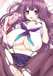  1girl breasts female huge_breasts kagurazaka_rinka large_breasts long_hair nipples pantyhose purple_eyes pussy school_uniform see-through serafuku solo torn_pantyhose uncensored uniform valkyrie_drive valkyrie_drive_-bhikkhuni- wet_pussy 