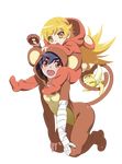  2girls bandage bandaged_arm kanbaru_suruga monkey_suit monogatari_(series) multiple_girls oshino_shinobu simple_background 