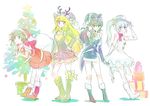  animal_costume blake_belladonna christmas christmas_elf christmas_tree gift highres iesupa multiple_girls reindeer_costume ruby_rose rwby santa_costume snowman_costume weiss_schnee yang_xiao_long 