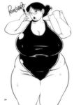  1girl breasts cleavage clipboard copyright_request fat gigantic_breasts glasses monochrome obese pen penguindou plump solo thick_thighs wide_hips 