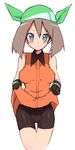  alternate_costume bandana bike_shorts blue_eyes blush breasts brown_hair haruka_(pokemon) hat large_breasts latex nakamura_sandayo pokemon pokemon_(game) pokemon_emerald pokemon_rse simple_background solo white_background 