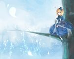  animal_ears bad_id bad_pixiv_id blonde_hair blue blue_eyes branch bunny_ears city copyright_request dress fog lolita_fashion petals ribbon rookya short_hair sitting solo stuffed_animal stuffed_toy tree 