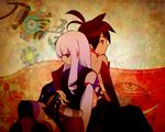  1girl bad_id bad_pixiv_id couple hetero hug hug_from_behind japanese_clothes katanagatari long_hair purple_eyes shiratani togame white_hair yasuri_shichika 