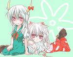  bad_id bad_pixiv_id blush bow breasts dress ex-keine fujiwara_no_mokou hair_ribbon horns kamishirasawa_keine long_hair lying medium_breasts multiple_girls pants red_eyes ribbon shoes simple_background sitting smile toraneko touhou white_hair 