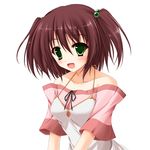  :d bangs bare_shoulders black_ribbon blush breasts brown_hair casual collarbone eyebrows_visible_through_hair green_eyes hair_between_eyes hair_bobbles hair_ornament halterneck kurumi_(suien) open_mouth original ribbon short_sleeves simple_background small_breasts smile solo spaghetti_strap suien two_side_up upper_body white_background 