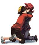  2boys black_eyes black_hair gold_(pokemon) hat hug kneeling long_hair male male_focus multiple_boys pokemon red_eyes red_hair redhead silver_(pokemon) yaoi 