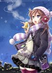  absurdres bad_id bad_pixiv_id breath brown_hair can coat copyright_request earmuffs ground_vehicle hand_in_pocket hat highres jewelry necklace open_mouth pochi_(pochi-goya) purple_eyes scarf skirt solo star striped striped_scarf thighhighs train winter_clothes winter_coat zettai_ryouiki 