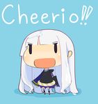  ameya_shioichi blue_background chibi english katanagatari long_hair open_mouth text_focus togame very_long_hair white_hair wide_face 