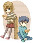  1girl book child edogawa_conan glasses haibara_ai hood hoodie legwear_under_shorts meitantei_conan pantyhose sensaki_chihiro shorts striped 