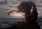  agasang black_hair black_sclera character_request cloud cloudy_sky copyright_request grey_sky horizon horror_(theme) long_hair looking_at_viewer ocean outdoors red_eyes sky solo storm stormy_waters upper_body watermark waves web_address wind wind_lift 