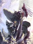  armor bad_id bad_pixiv_id black_eyes blonde_hair cape cloud full_armor glowing glowing_eyes highres horns male_focus original sky standing sword weapon wings yahako 