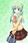  alternate_costume bag green_eyes green_hair kochiya_sanae long_hair school_uniform skirt solo touhou yuzutei 