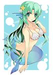  arm_support arm_up bangs beads blue_background breasts butt_crack cleavage framed green_eyes green_hair hair_ornament head_fins long_hair looking_at_viewer medium_breasts mermaid monster_girl original parted_lips rounded_corners scales seashell shell shell_bikini sitting solo star star_hair_ornament yukiwo 