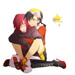  2boys black_hair blush gold_(pokemon) hair_over_one_eye hat hug kneeling long_hair male male_focus multiple_boys pokemon red_hair redhead silver_(pokemon) silver_eyes sitting smile yellow_eyes 