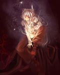  bad_id bad_pixiv_id bow cigarette dark fire fujiwara_no_mokou glitter glowing hair_bow leg_up long_hair long_sleeves night night_sky pants purple red_eyes rookya silver_hair sitting sky smile smoke smoking solo touhou 