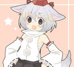  animal_ears bare_shoulders black_eyes blush detached_sleeves fang hands_on_hips hat inubashiri_momiji sakeko sarashi solo tail tokin_hat touhou white_hair wolf_ears wolf_tail 