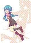  aqua_eyes aqua_hair armband asymmetrical_clothes bad_id bad_pixiv_id boots bow dress hair_bow hatsune_miku highres long_hair maimu_(polka) mismatched_footwear polka_dot polka_dot_legwear shoes short_dress smile socks solo twintails vocaloid 