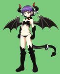  :&lt; bad_id bad_pixiv_id boots demon_girl demon_tail demon_wings gloves green_background horn_ribbon horns knee_boots navel original panties purple_hair red_eyes ribbon rohitsuka short_hair solo tail underwear wings 