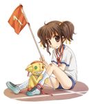  alternate_costume anise_tatlin bandaid bandaid_on_knee brown_eyes brown_hair buruma child flag gym_uniform numbered_flag ribbon sensaki_chihiro shoes short_hair sitting smile sneakers socks solo stuffed_toy tales_of_(series) tales_of_the_abyss tokunaga twintails 