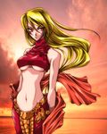  arms_at_sides bad_id bad_pixiv_id bare_arms blonde_hair breasts brown_eyes chain dancer_(fft) final_fantasy final_fantasy_tactics halter_top halterneck large_breasts long_hair midriff navel shuri_yasuyuki smile solo sunset underboob 