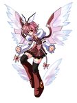  animal_ears black_legwear boots bow brooch clenched_hands cosplay doom_(ketsui) dress hat jewelry ketsui mystia_lorelei pink_hair red_eyes ribbon shoes short_dress short_hair smile solo thighhighs tobi_(pixiv36250) touhou white_background winged_shoes wings zettai_ryouiki 