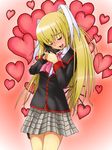  blonde_hair blush closed_eyes gun heart highres jei little_busters! long_hair plaid school_uniform solo tokido_saya twintails weapon 