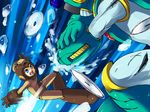  alternate_color arm_cannon bad_id bad_pixiv_id battle bubble bubbleman cuts deep_wound duel injury male_focus multiple_boys robot rockman rockman_(character) rockman_(classic) saw_blade underwater water water_battle weapon zakki 