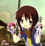  brown_eyes brown_hair fallout fallout_3 hand_puppet labcoat leadervance pink_hair puppet twintails white_hair 