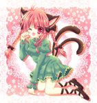  animal_ears bow braid cat_ears cat_tail fang hair_bow kaenbyou_rin long_hair momomiya_mion multiple_tails one_eye_closed open_mouth paw_pose red_eyes red_hair solo tail touhou twin_braids 