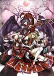  bat_wings crossed_legs fingerless_gloves flandre_scarlet flower gloves hat high_heels highres kneehighs laevatein moon multiple_girls polearm red_moon remilia_scarlet rose ross_(clumzero) shoes siblings sisters sitting socks spear spear_the_gungnir sword thighhighs touhou weapon white_legwear wings 