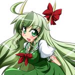  ahoge arms_behind_back bow breasts ex-keine geo_(yukishitadou) green_eyes green_hair horns kamishirasawa_keine large_breasts long_hair solo touhou 