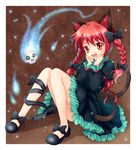 animal_ears braid cat_ears cat_tail dress fang floating_skull hands_on_own_face kaenbyou_rin leg_ribbon legs mauve multiple_tails no_socks open_mouth red_eyes red_hair ribbon sitting smile solo tail touhou twin_braids twintails 