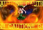  araki_(qbthgry) black_hair bow breasts cape fire hair_bow highres long_hair medium_breasts red_eyes reiuji_utsuho solo touhou wings 