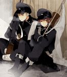  axis_powers_hetalia bad_id bad_pixiv_id brown_hair germany_(hetalia) gun hat military military_uniform multiple_boys northern_italy_(hetalia) simekirikowai uniform weapon 