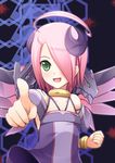  ahoge ar_ru ar_tonelico ar_tonelico_iii bracelet dragon dress green_eyes hair_over_one_eye highres horns itsuki_(spitbreak) jewelry open_mouth pink_hair pointing short_hair solo wings 