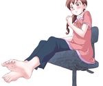  barefoot blush brown_eyes brown_hair chair embarrassed feet kaieda long_hair mitsudomoe ponytail pov_feet quick_waipa soles solo toes 