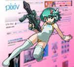  aqua_hair bad_id bad_pixiv_id badge green_eyes gun multi one-piece_swimsuit perman_(series) pixiv rohitsuka solo swimsuit thighhighs to_heart weapon 