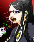  bad_id bad_pixiv_id bayonetta bayonetta_(character) black_hair breasts candy douganebuibui earrings food full_mouth glasses gloves jewelry lipstick lollipop long_hair makeup medium_breasts meme open_mouth ponytail pun saliva solo too_many what 