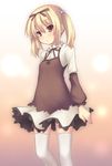  blonde_hair brown_eyes hair_bobbles hair_ornament hair_ribbon original pink_eyes raise's_mother ribbon ryo short_hair sidelocks simple_background solo standing thighhighs twintails white_legwear zettai_ryouiki 