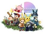  baseball_bat black_eyes black_hair blonde_hair brown_hair cape doseisan engrish gen_1_pokemon gen_4_pokemon gloves hat helmet kirby kirby_(series) lucario lucas male_focus mask meta_knight mother_(game) mother_2 mother_3 multiple_boys olimar pikachu pikmin_(creature) pikmin_(series) piranosuke pokemon pokemon_(creature) quiff ranguage red_eyes rod smile star super_smash_bros. yellow_eyes 