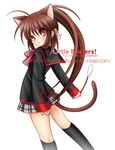  animal_ears bow brown_hair cat_ears cat_tail cat_teaser chibinon kemonomimi_mode little_busters! long_hair looking_back natsume_rin pink_bow plaid plaid_skirt ponytail red_eyes school_uniform skirt solo tail 
