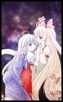  demupausagi dress fujiwara_no_mokou hair_ribbon hat highres holding_hands hug kamishirasawa_keine leaning_forward long_hair multicolored_hair multiple_girls pink_eyes profile ribbon smile touhou traditional_media very_long_hair watercolor_(medium) white_hair yuri 