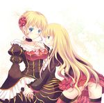  beatrice blonde_hair blue_eyes blush bow choker flower hair_flower hair_ornament long_hair multiple_girls murasakigo pink_bow thighhighs umineko_no_naku_koro_ni zettai_ryouiki 