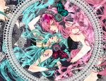  aqua_eyes aqua_hair aqua_nails bug butterfly butterfly_hair_ornament butterfly_wings fingerless_gloves gloves hair_ornament hatsune_miku headphones headset holding_hands insect lace lee_sun_young long_hair magnet_(vocaloid) megurine_luka multiple_girls nail_polish pink_hair tattoo twintails very_long_hair vocaloid wings yuri 