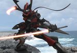  energy_sword epic fighting_stance gundam gundam_00 holding katana masurao mecha no_humans ocean realistic robographer solo sword weapon wind 