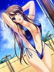  armpits arms_up asanuma_katsuaki blue_eyes breasts brown_hair large_breasts long_hair navel one_eye_closed open_mouth original slingshot_swimsuit smile solo swimsuit wet 
