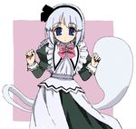  alternate_costume bad_id bad_pixiv_id bangs black_dress black_hairband blue_eyes blush bow closed_mouth dress enmaided eyebrows_visible_through_hair hairband hands_up juliet_sleeves konpaku_youmu konpaku_youmu_(ghost) long_sleeves maid oekaki pink_bow pink_neckwear puffy_sleeves ribbon short_hair silver_hair solo tonbi touhou 